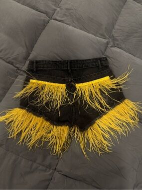 Mango Black Denim Shorts with Yellow Feather Trim